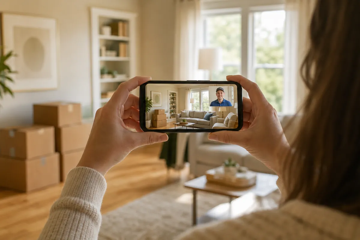 Illustration of a customer filming their living room and packed boxes with a phone during a video call, with a mover visible on the screen